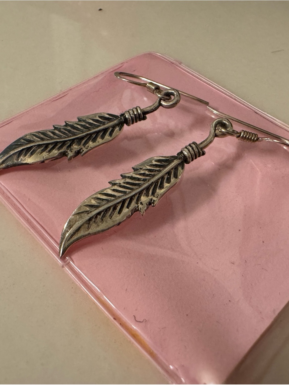 Antique Silver Feather Drop Earrings - Boho Leaf Design